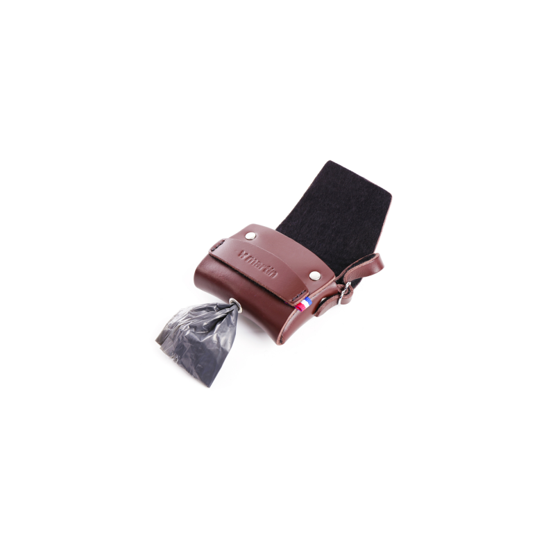 distributeur de sacs à crottes en cuir marron Poopidoo MARTIN SELLIER ouvert