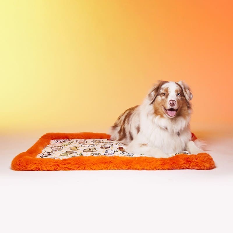 Chien sur le tapis pour chien Milk and Sugar LE TAPIS ROUGE PARIS côté motif