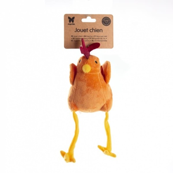 peluche pour chien coq orange martin sellier avec étiquette