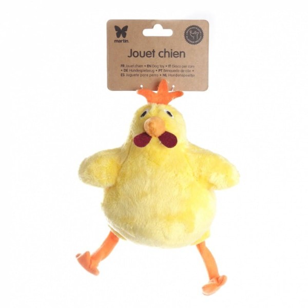 peluche pour chien poule jaune martin sellier avec étiquette