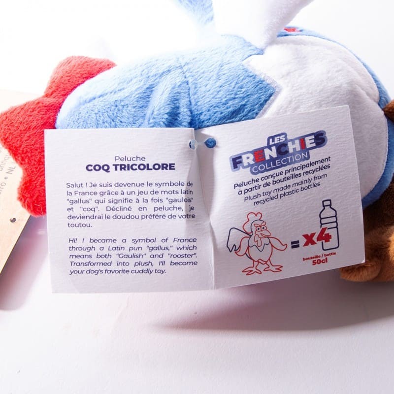 étiquette de la peluche pour chien coq tricolore collection les frenchies martin sellier