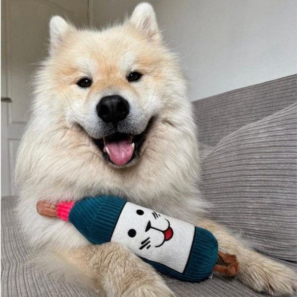 chien heureux avec la peluche pour chien bouteille de vin collection les frenchies