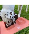 Chien qui mange sur l'herbe dans la gamelle pour chien double pliable en silicone rose MARTIN SELLIER