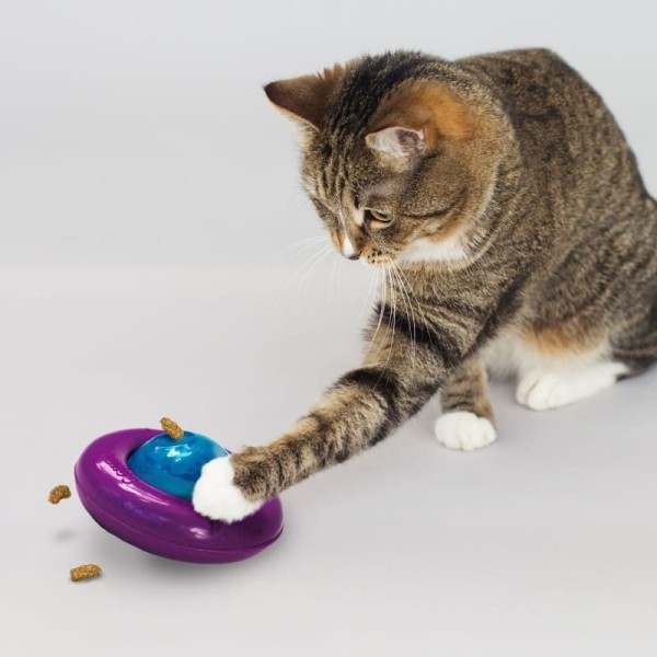 chat qui joue avec le jouet pour chat infused cat gyro kong, qui distribue des friandises