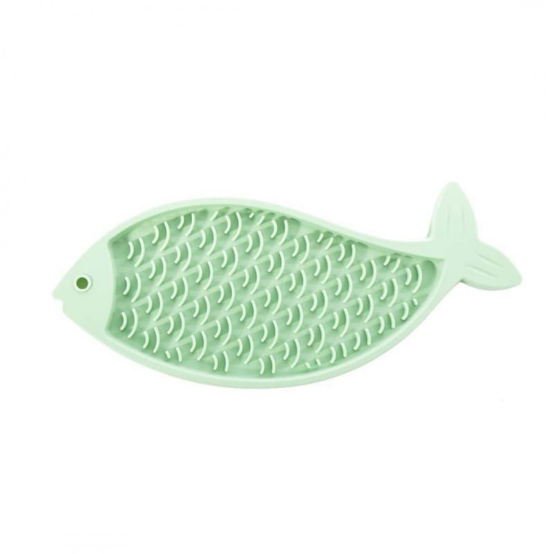 tapis de lechage pour chat vert en silicone poisson martin sellier de face