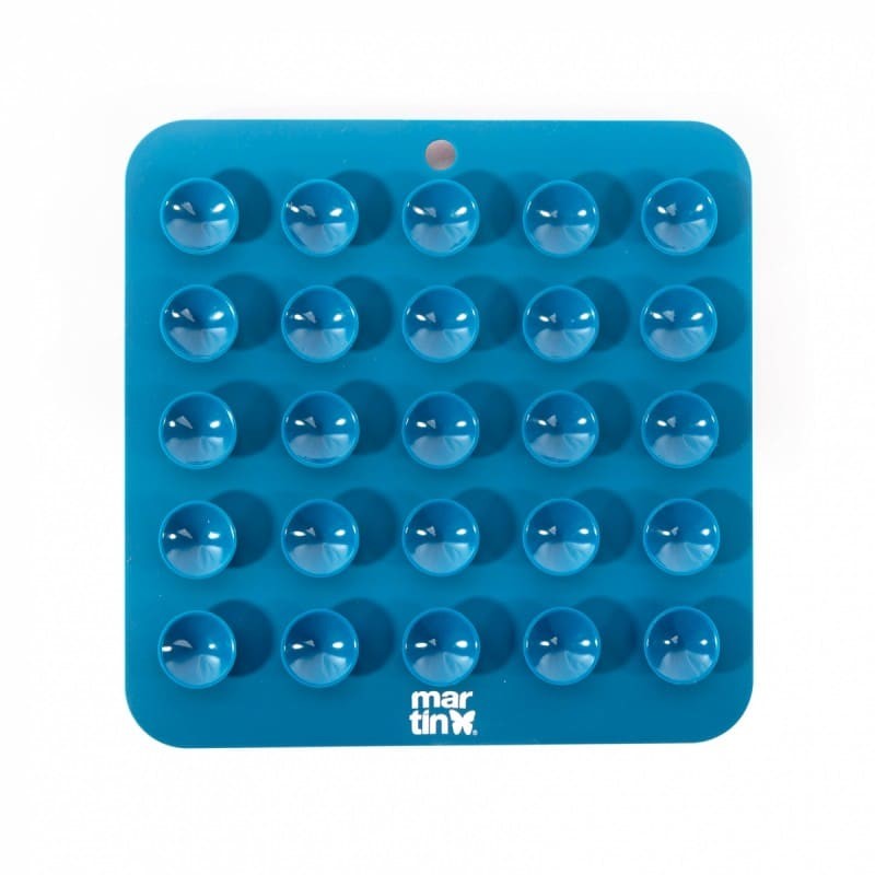 tapis de léchage pour chat bleu silicone trio martin sellier de dos avec des ventouses