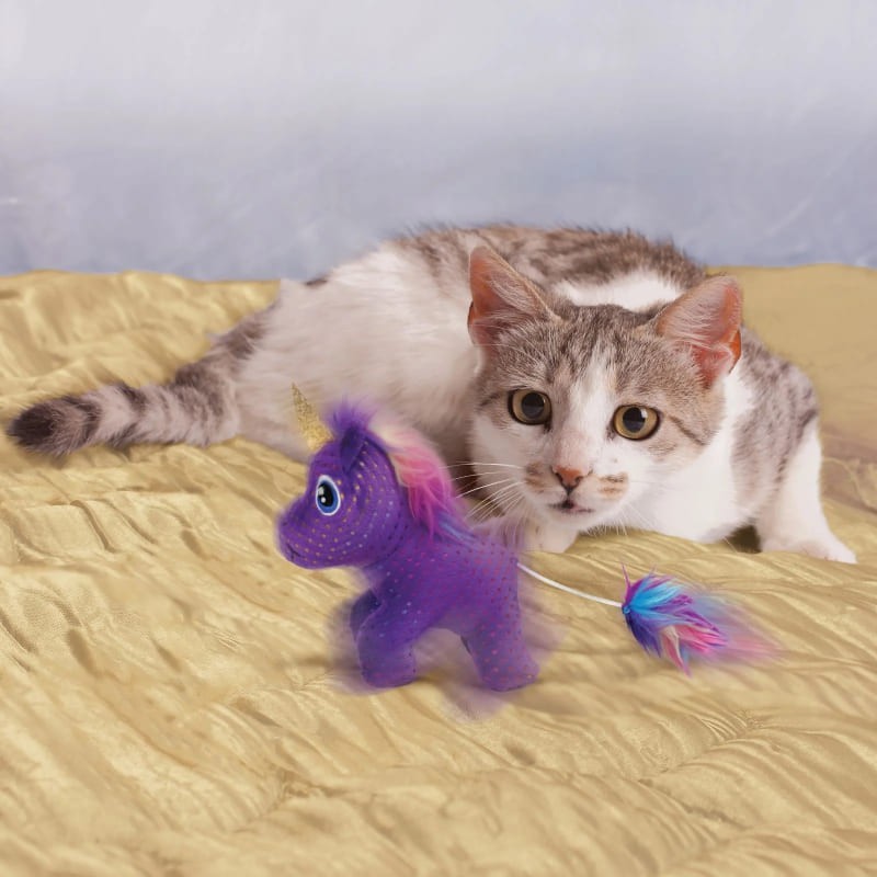 chat qui joue avec le jouet pour chat buzzy unicorn  kong