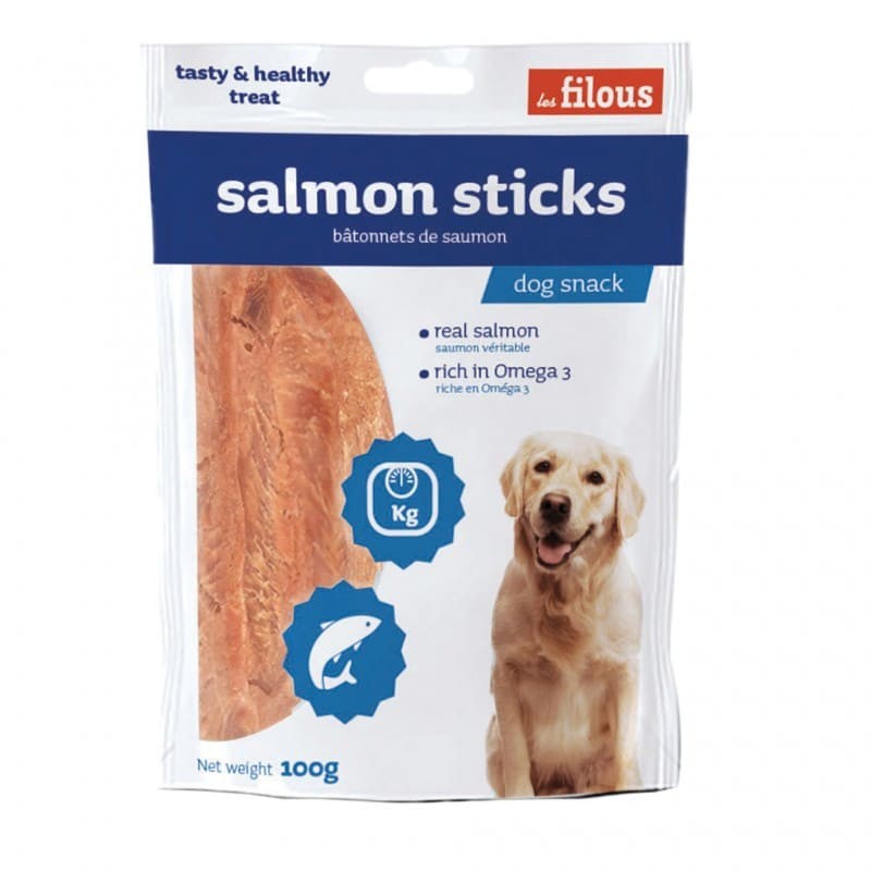 Friandises pour chien sticks de saumon Les Filous dans emballage