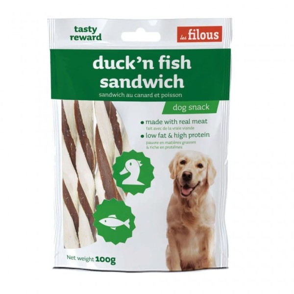 Friandises Pour Chien Sandwich Canard Et Poisson Les Filous dans leur emballage