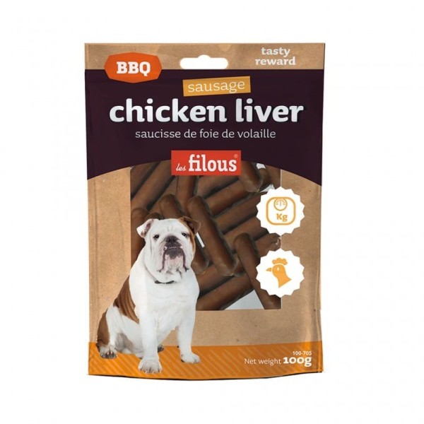 Friandises pour chien saucisses foie de volaille Les Filous avec leur emballage