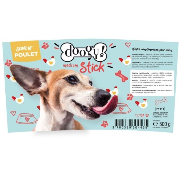 Étiquette boîte de 500 g de sticks pour chien à la viande Doogy