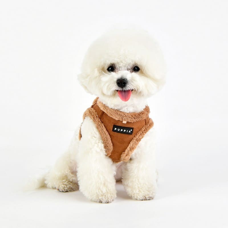 chien de face avec le Harnais Veste pour chien beige TERRY Puppia