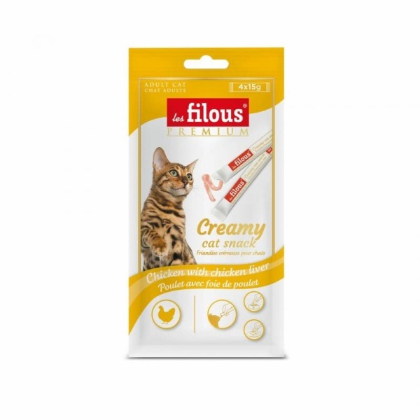 friandises crémeuses pour chat poulet et foie de poulet les filous dans leur emballage