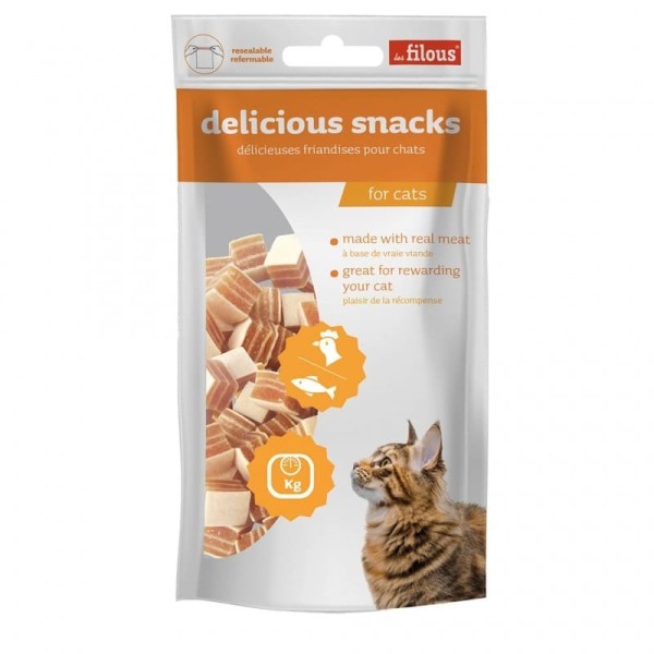 friandises chat cubes au poulet et poisson Les Filous dans leur emballage