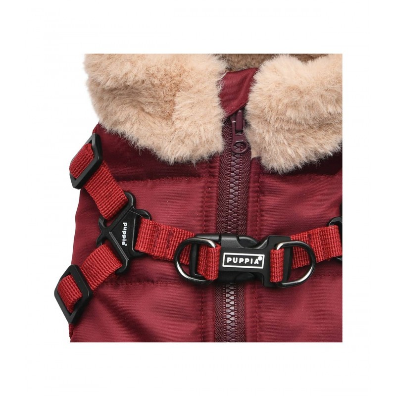 détail du harnais intégré du manteau pour chien bordeaux Donavan Puppia