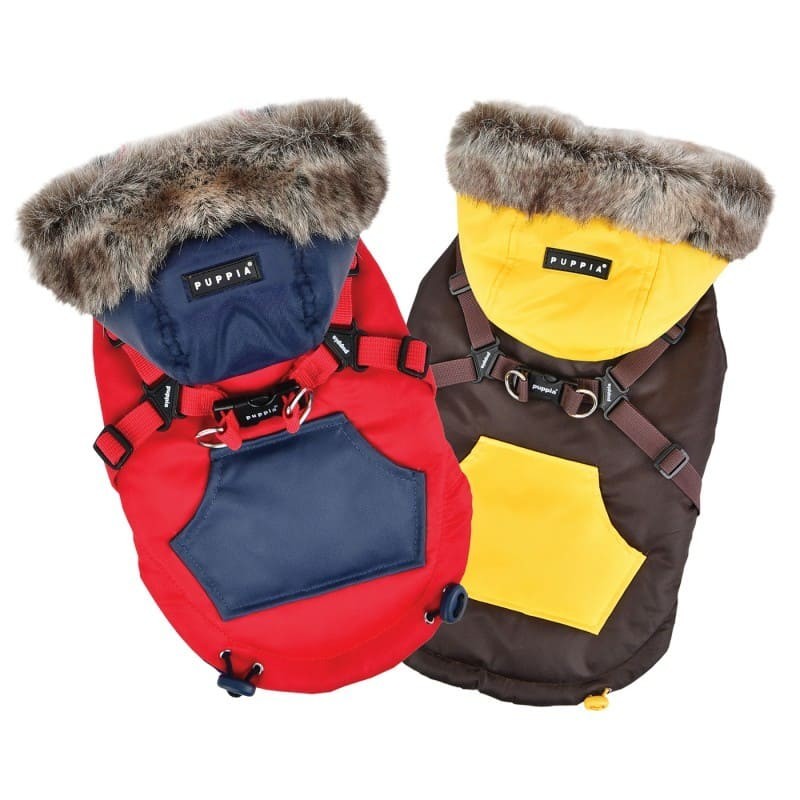 doudoune pour chien marron avec harnais intégré Orson Puppia disponible en rouge