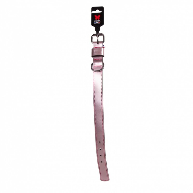 Collier pour chien en cuir rose métallisé Dakota MARTIN SELLIER à plat et avec étiquette