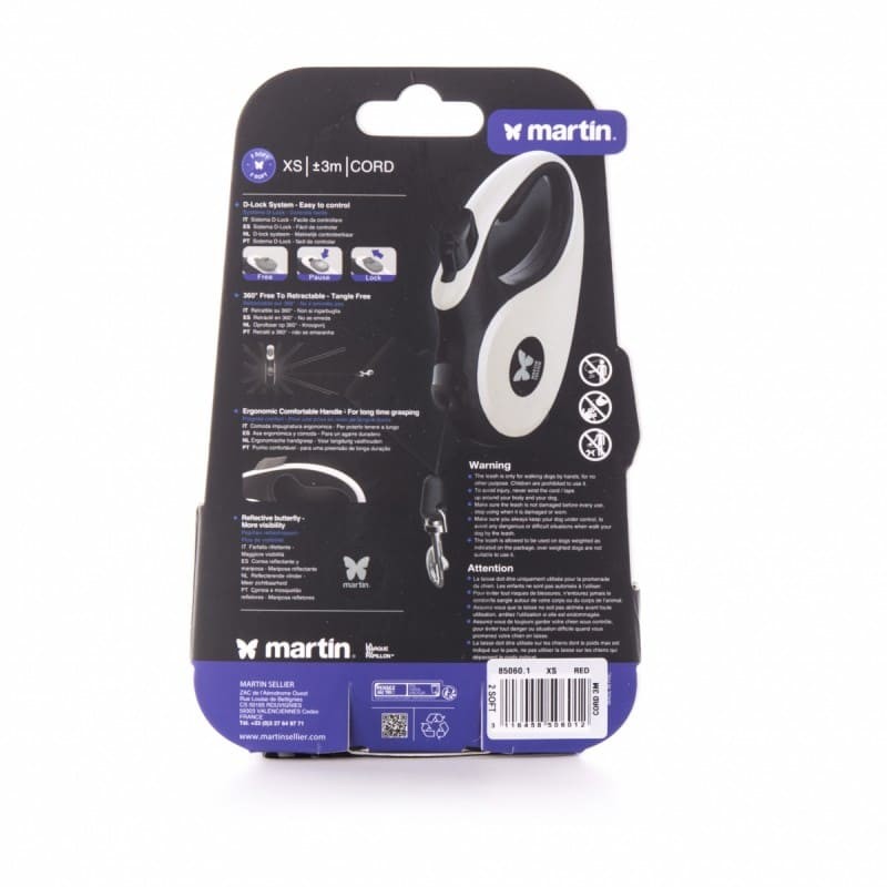 dos de l'emballage de la laisse pour chien rétractable cordon blanche 2 soft martin