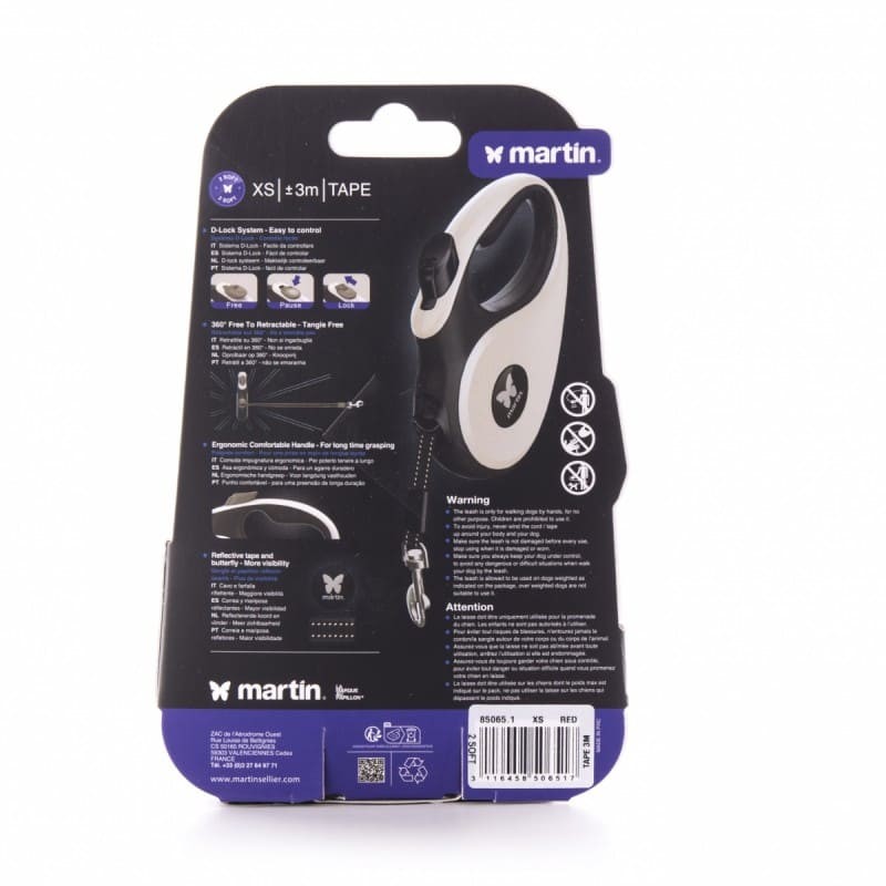 dos de l'emballage de la laisse pour chien rétractable sangle bleue collection 2 soft martin sellier