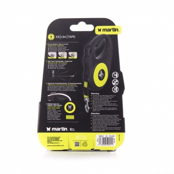 dos de l'emballage de la laisse pour chien rétractable sangle fluo jaune martin sellier