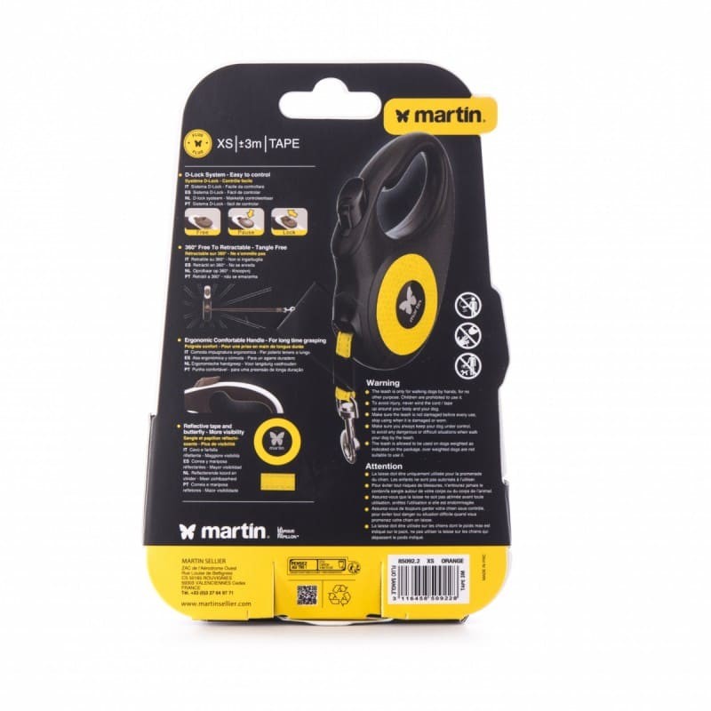 dos de l'emballage de la laisse pour chien rétractable sangle FLUO orange martin