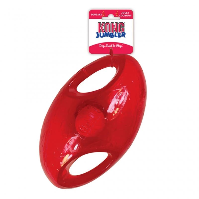 Jouet pour chien jumbler football KONG coloris rouge avec étiquette