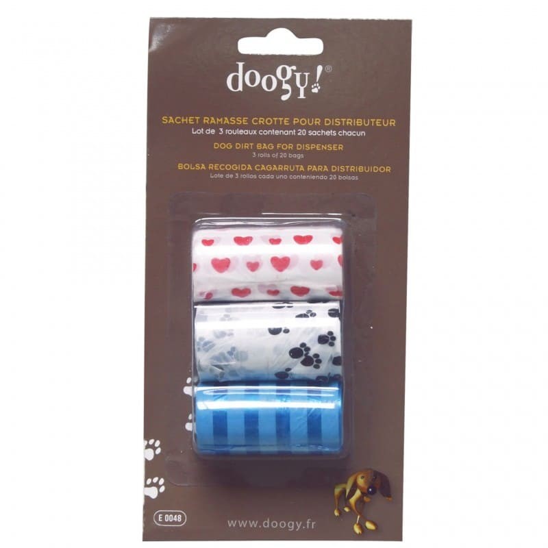 lot 3 rouleaux 20 sachets ramasse crottes doogy dans emballage