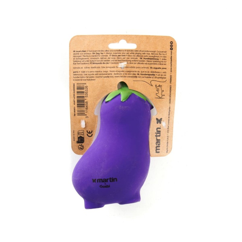 jouet pour chien en latex aubergine MARTIN SELLIER de dos avec emballage