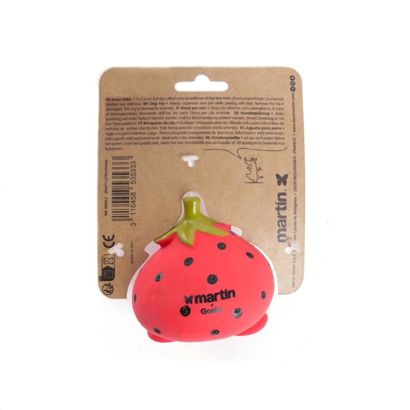 Jouet pour chien en latex Fraise MARTIN SELLIER de dos avec emballage