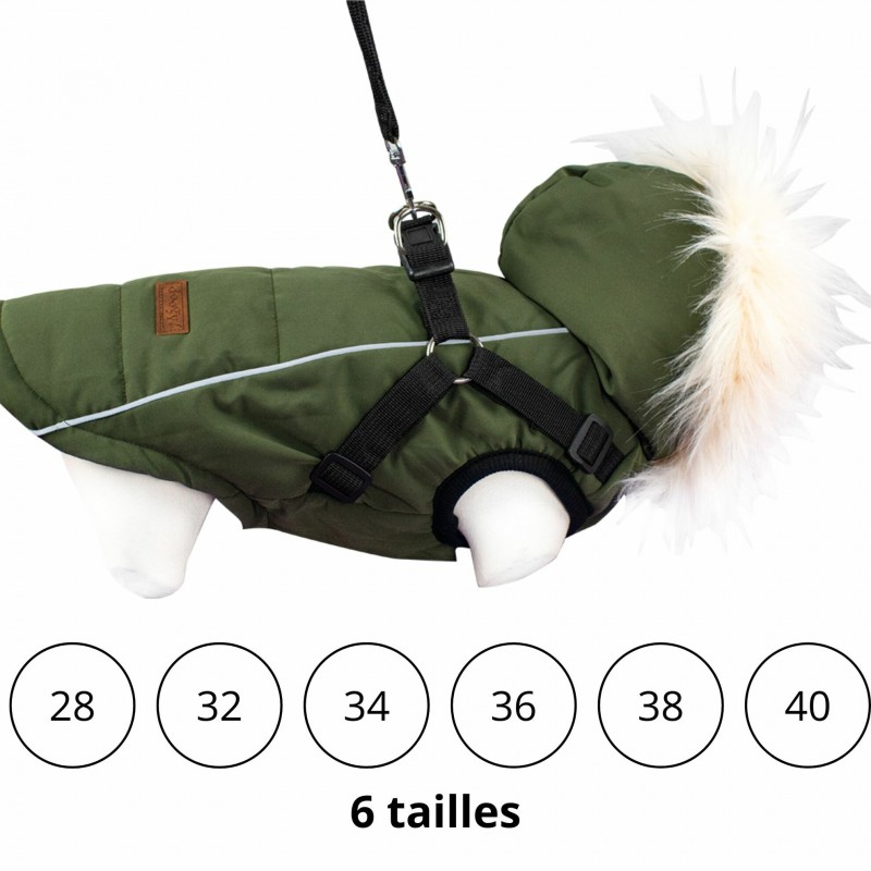 manteau pour chien kaki avec harnais intégré Inuiti Doogy disponible en plusieurs tailles