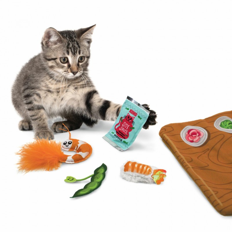 chat qui jouet avec le jouet pour chat pull a partz sushi KONG pièces amovibles