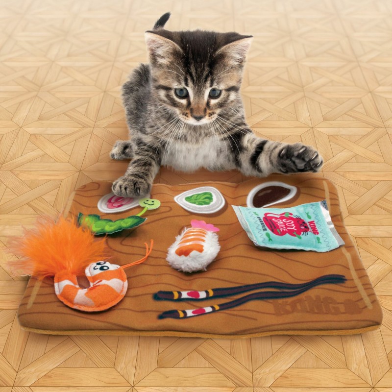chat qui jouet avec le jouet pour chat pull a partz sushi KONG posé au sol