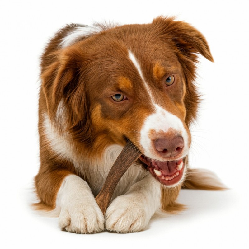 chien qui mastique une friandise pour chien bois de cerf Doogy
