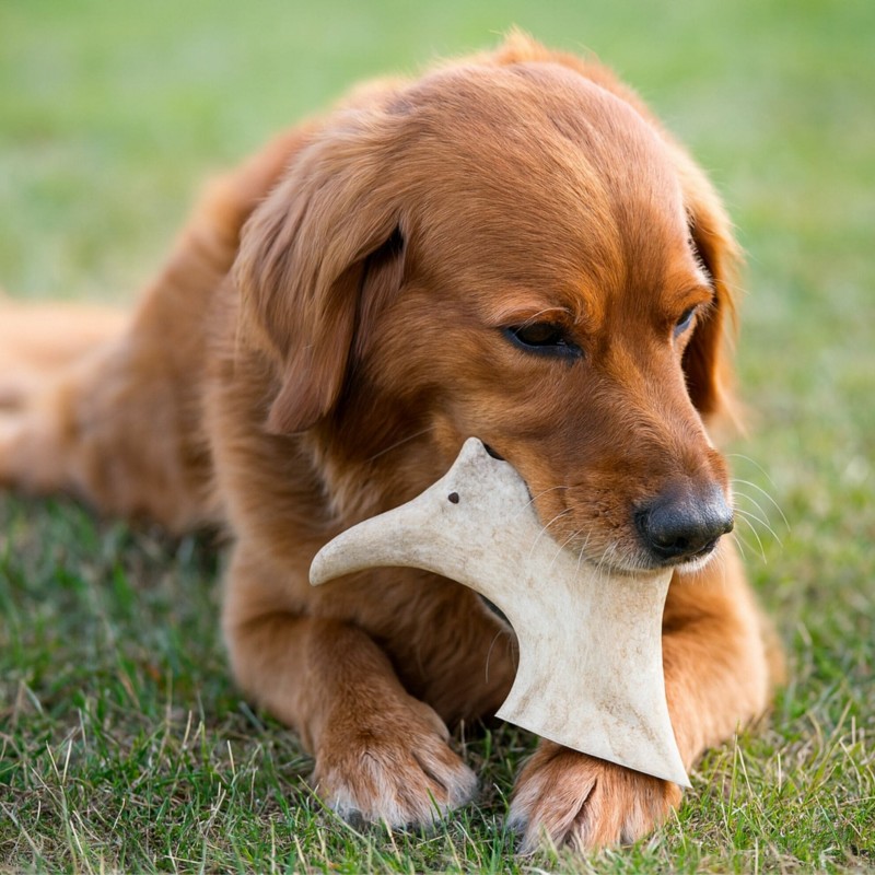chien qui mastique une friandise pour chien bois de daim Doogy
