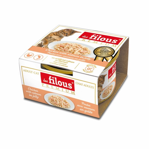 boites pour chat poulet avec saumon en gelée les filous prenium dans emballage