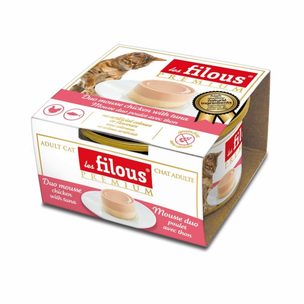 boîtes pour chat duo poulet avec thon en mousse les filous prenium dans emballage