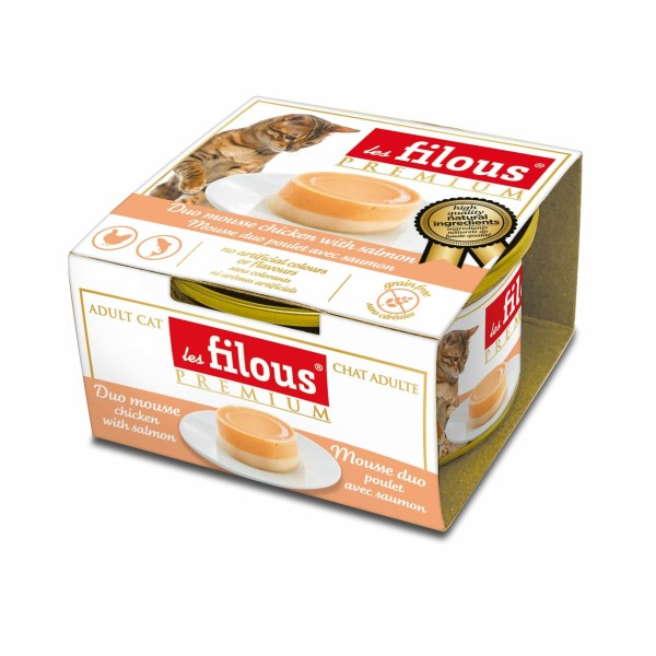 boites chat duo poulet avec saumon en mousse les filous prenium dans emballage