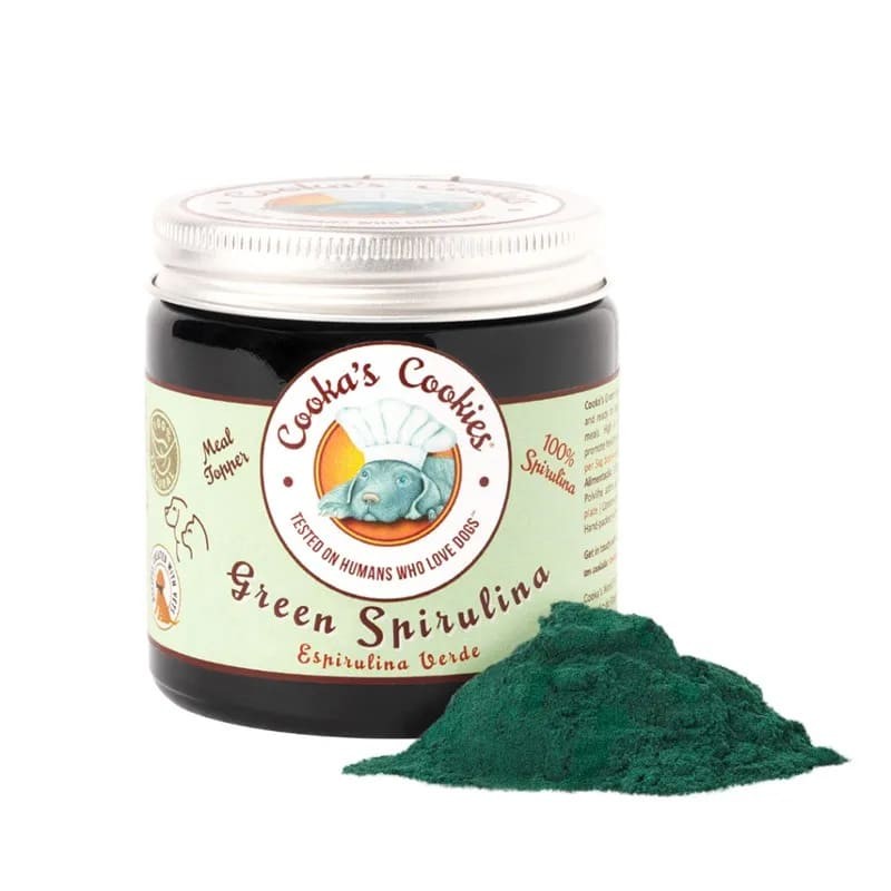 pot booster de repas chien spiruline verte cooka's cookies avec poudre verte devant