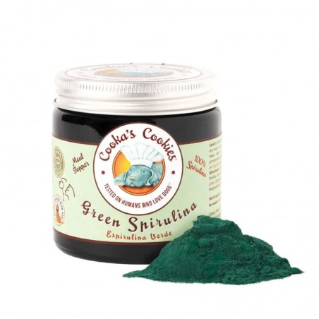 pot booster de repas chien spiruline verte cooka's cookies avec poudre verte devant
