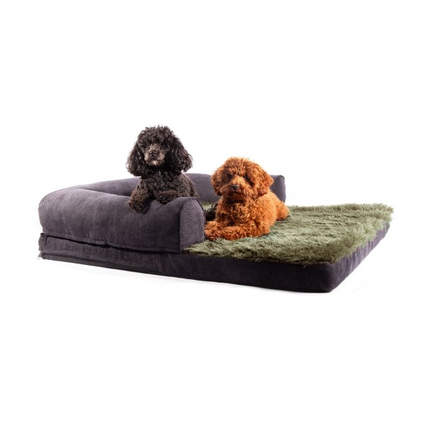 Sofa pour chien kaki collection Toudoudou MARTIN SELLIER avec 2 chiens allongés dessus