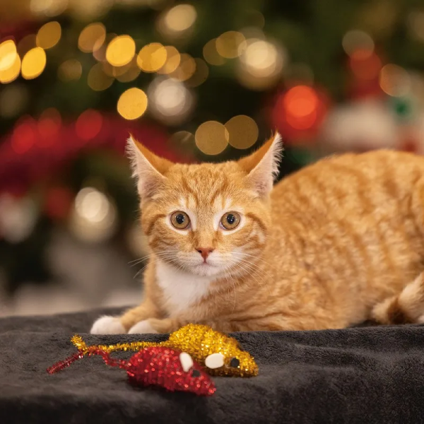 chat allongé devant le jouet de noel pour chat lot de 2 souris Beeztees avec des lumières de noel derrière
