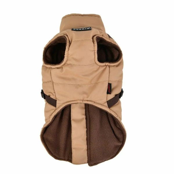 manteau pour chien beige avec harnais intégré Mountaineer Puppia de face