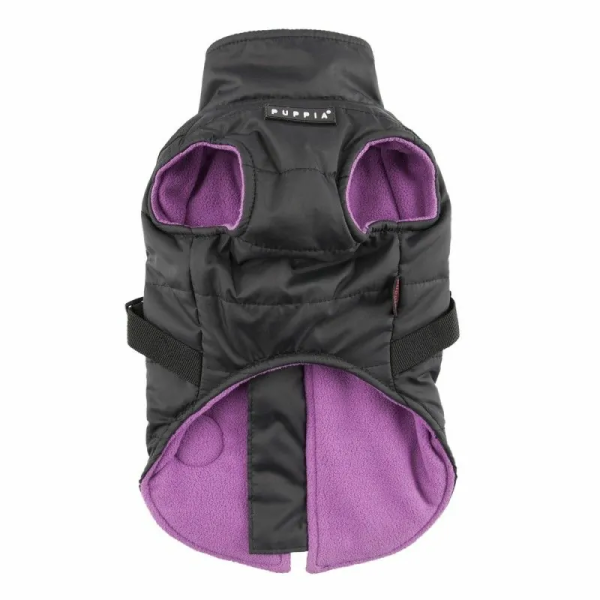 manteau pour chien noir avec harnais intégré Mountaineer Puppia de face