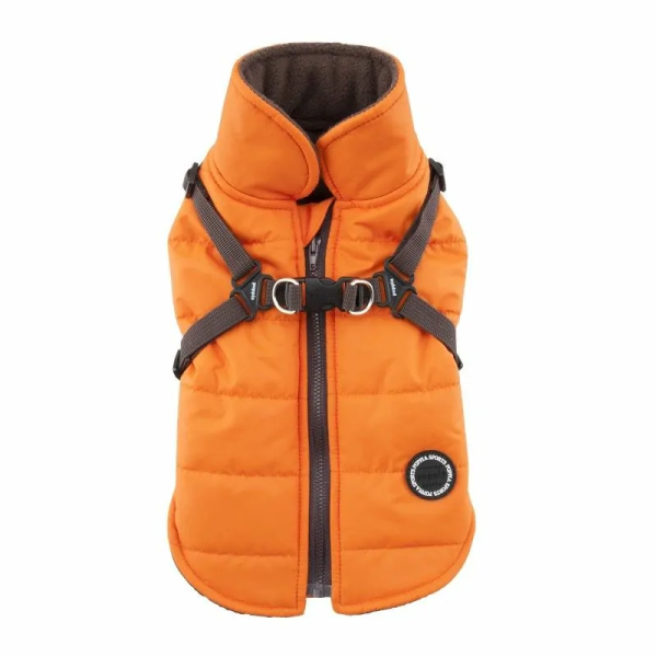 manteau pour chien orange avec harnais intégré Mountaineer Puppia de dos