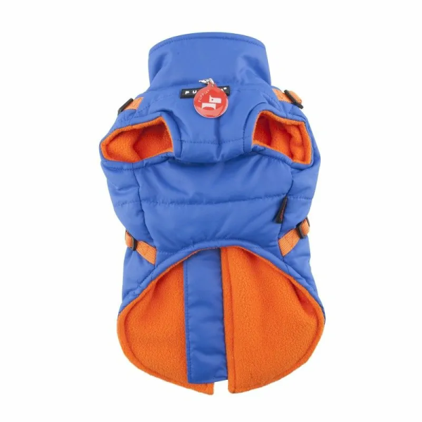 manteau pour chien bleu avec harnais intégré Mountaineer Puppia de face