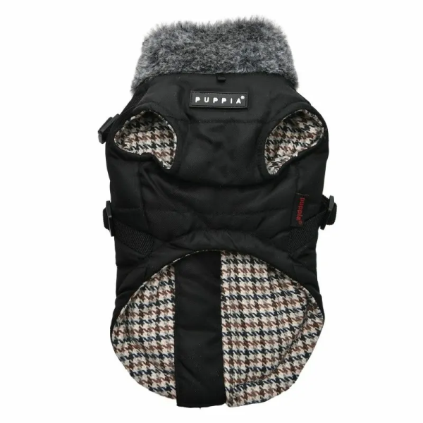 Manteau pour chien noir avec harnais intégré Donavan Puppia de face