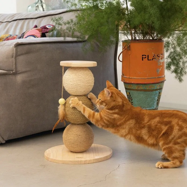 chat qui joue avec le griffoir pour chat globes elio designed by lotte