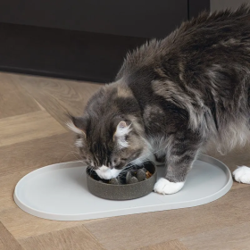 chat qui mange dans une gamelle sur le set de table pour chat beige en silicone designed by lotte