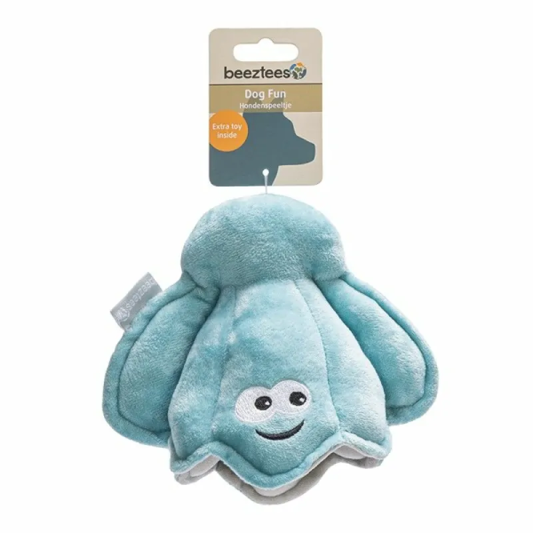 peluche de fouille pour chien coquillage et balle beeztees avec étiquette