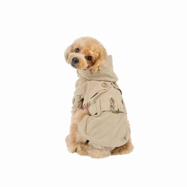 chien de dos portant le trench-coat pour chien beige claris Pinkaholic